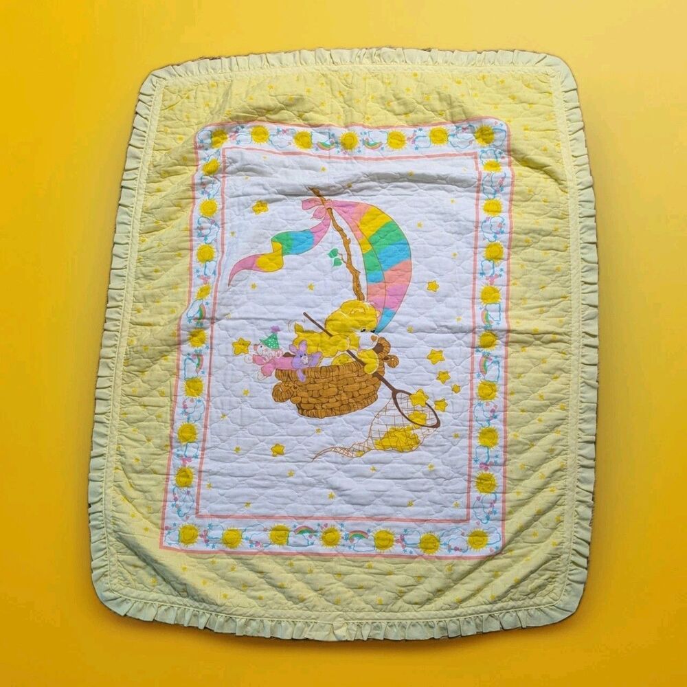 Care Bears Funshine Bear Baby Crib Blanket Quilt Yellow Ruffle Trim Vintage